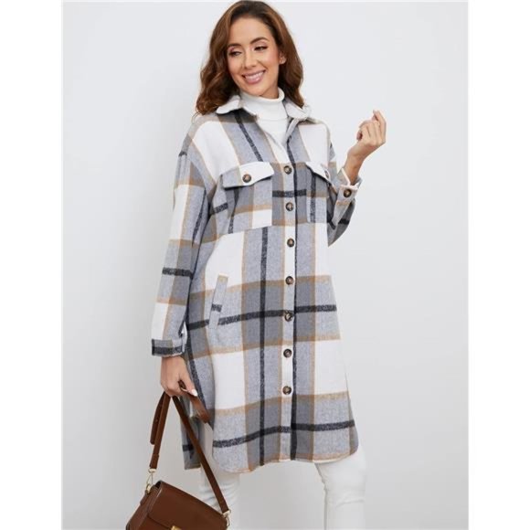 Women Plaid Shacket Brushed Flannel Shirt Jacket Mid Long Wool Blend Tartan Coat - Picture 6 of 7